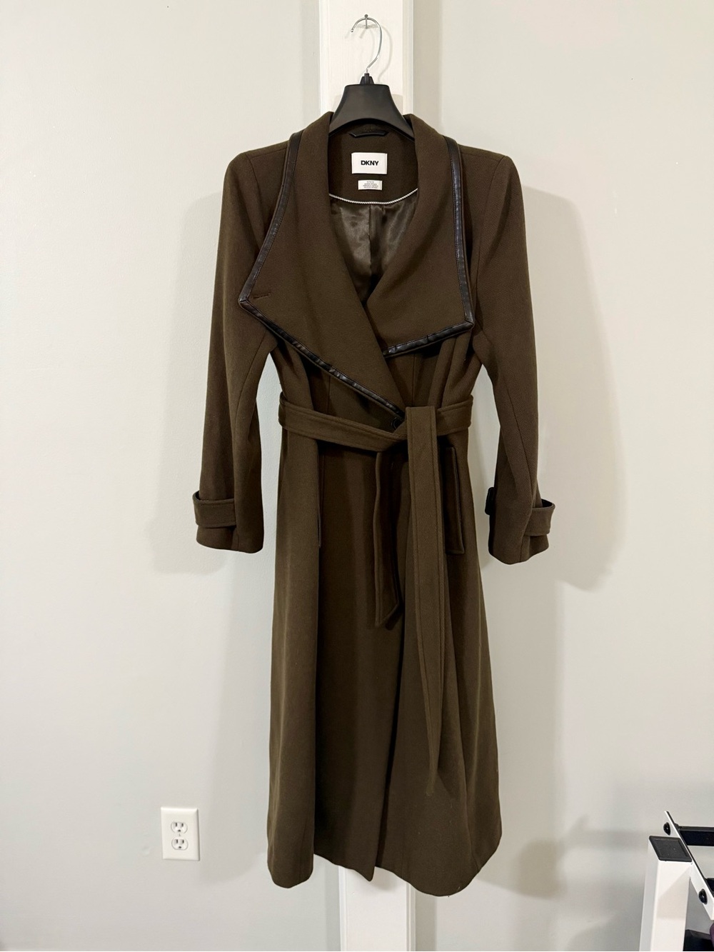 DKNY Olive Long Belted Wing Collar Wool Blend Wrap Coat, M